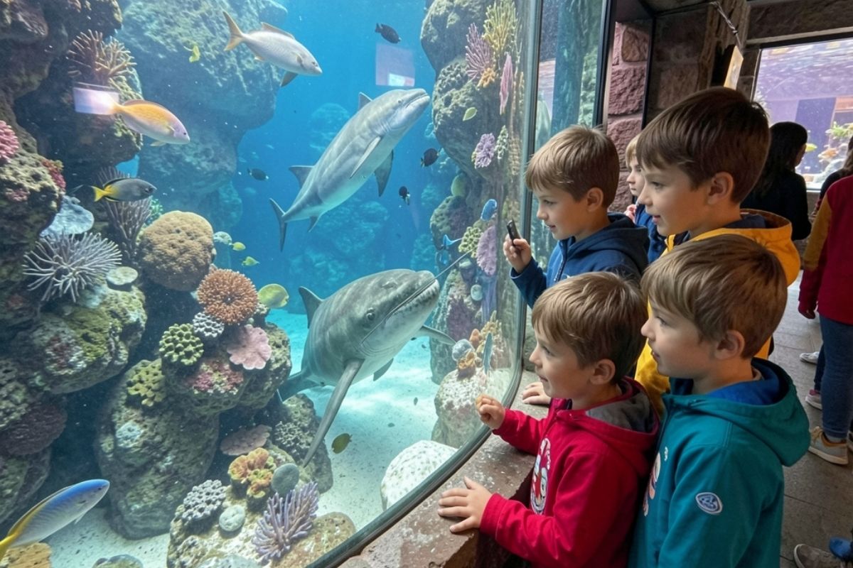Bambini che esplorano l'Acquario di Castelsardo, interazione con la fauna marina