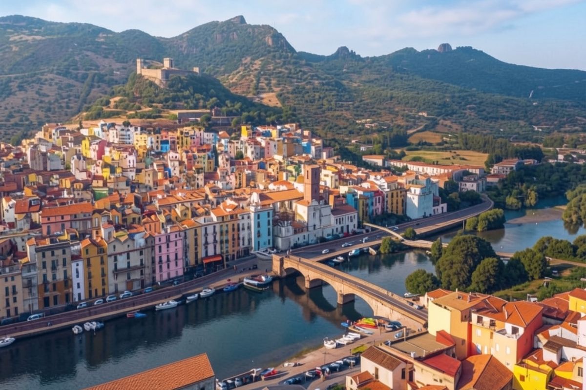 Vista panoramica di Bosa con case colorate e fiume Temo