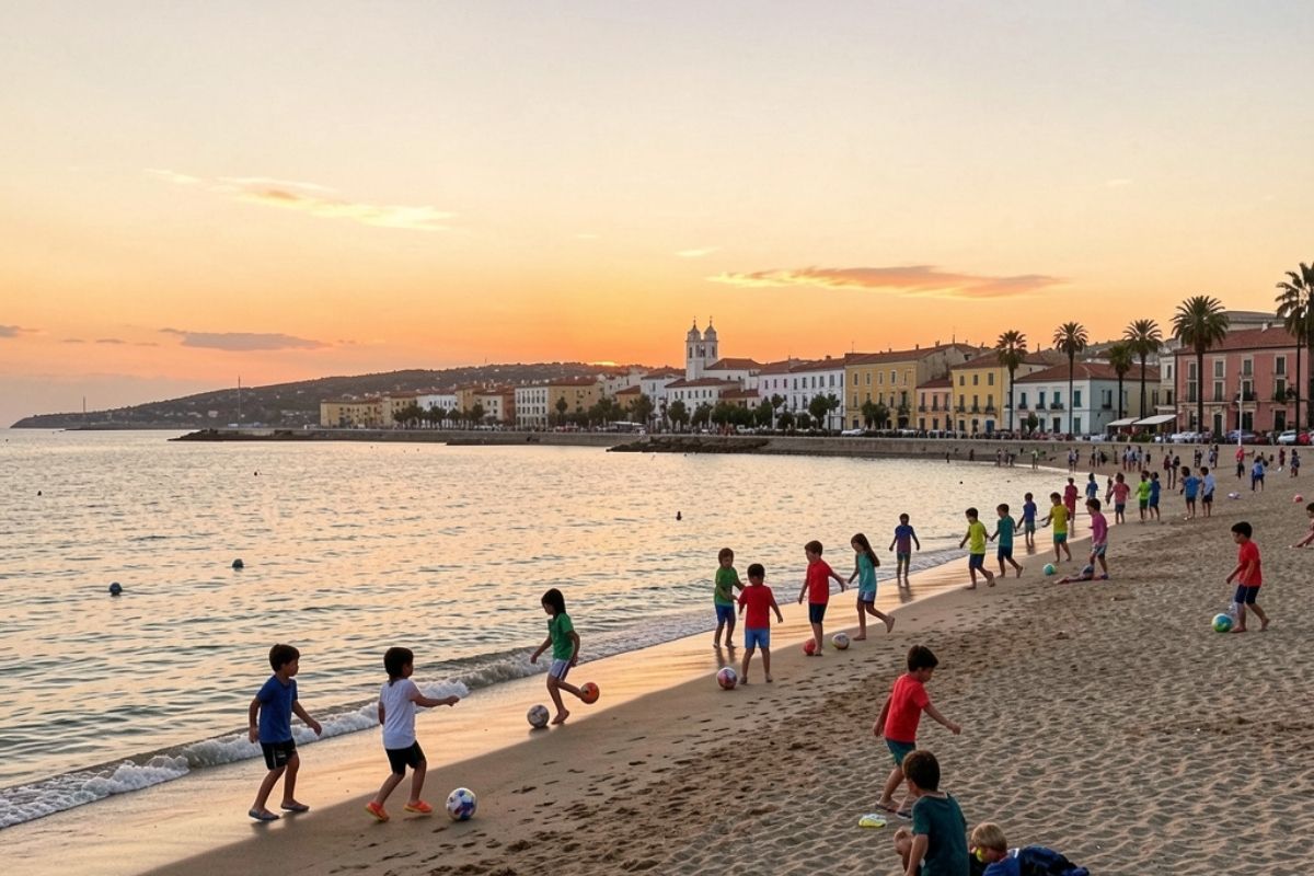 Una vista panoramica di Oristano con bambini che giocano sulla spiaggia
