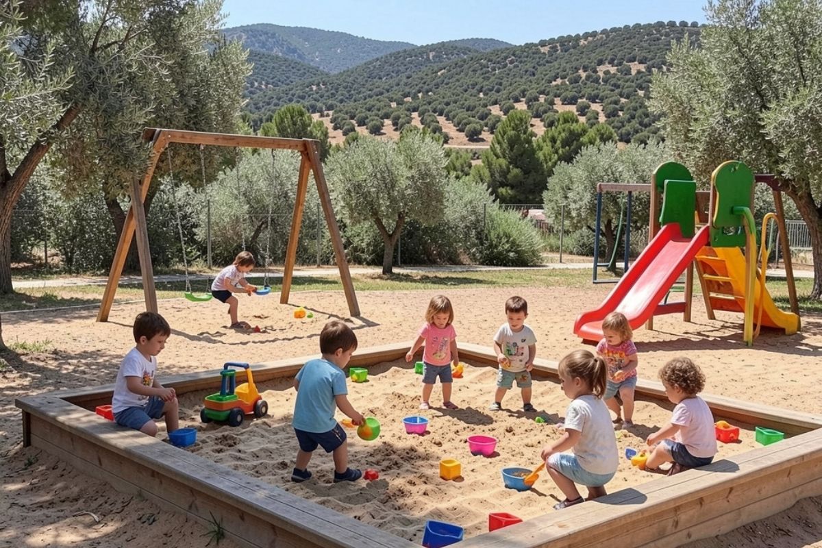 Bambini che giocano in un parco di Bosa, con giochi e natura attorno